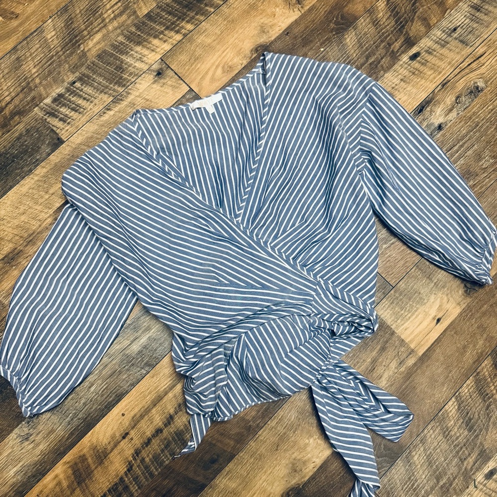 Wayf Striped Blue Wrap Front Tie Blouse - Women